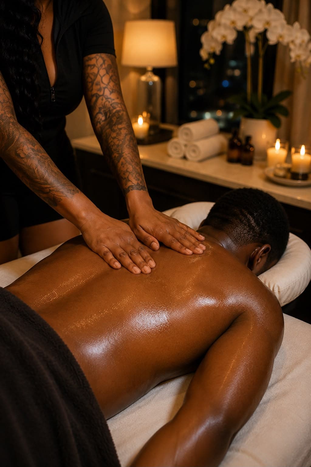 A calm massage treatment room